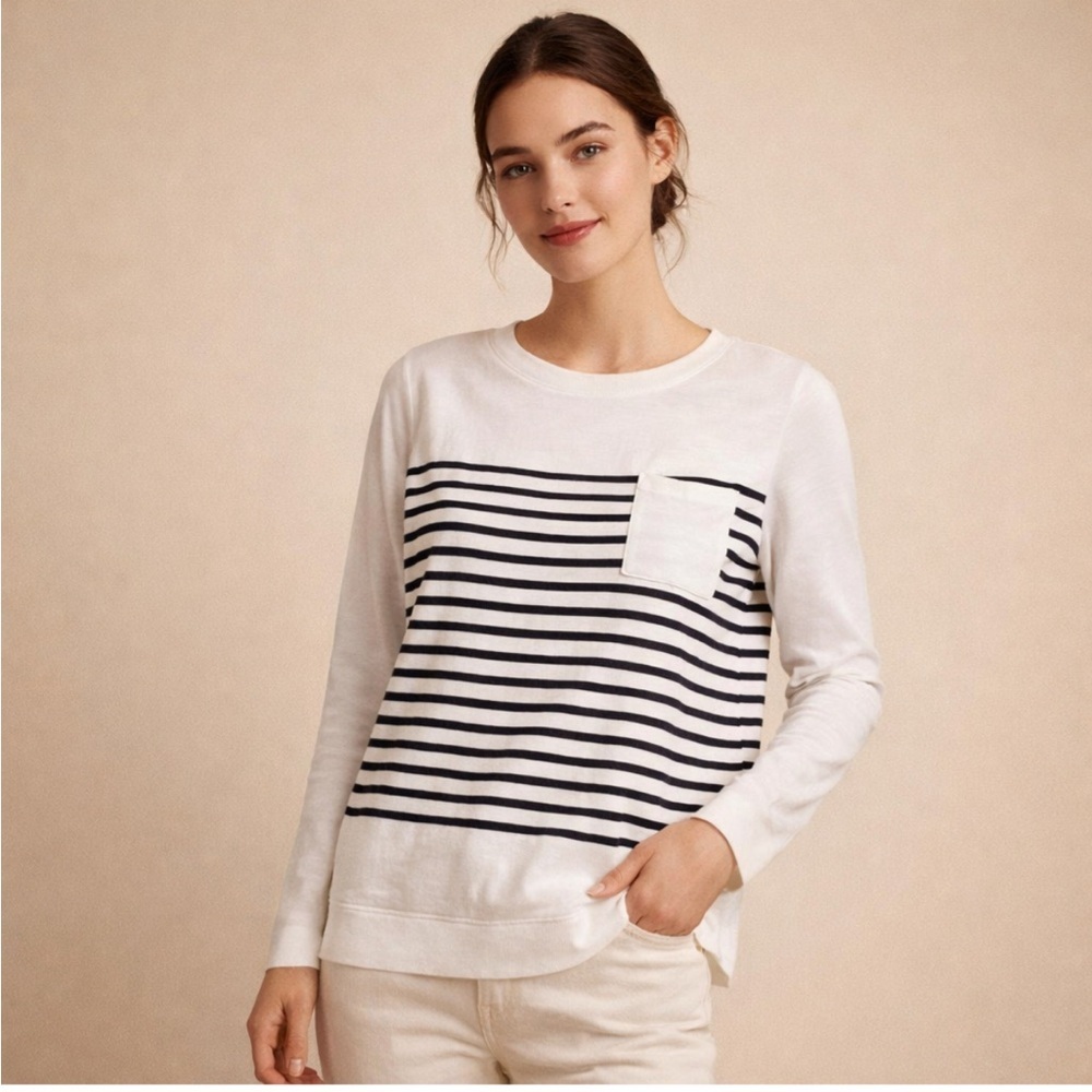 Talbots Nautical Striped Sweatshirt Top White Navy Pocket Preppy Coastal Medium